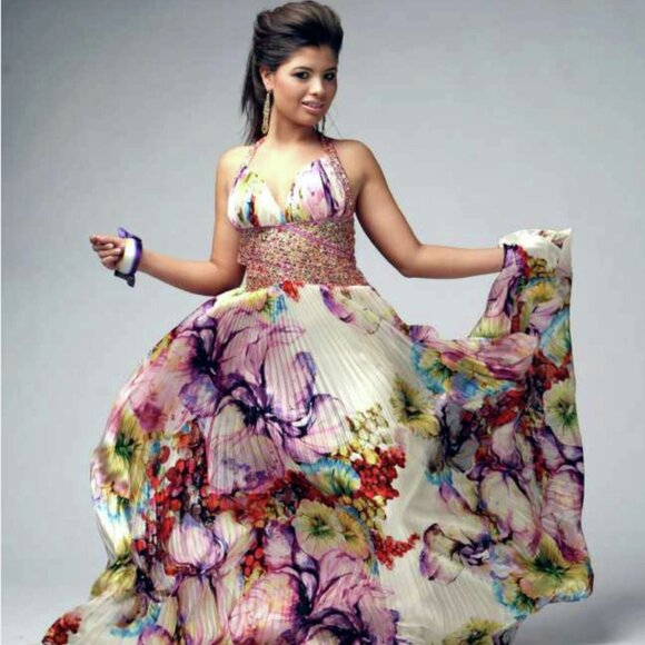 Jovani Dress Long Maxi Silk Prom Evening Formal Floral Beaded Pleated Size 0 - Picture 1 of 16